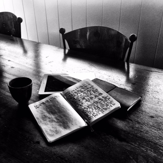 Moleskine notebook and Midori traveler's notebook. IPad. Clayton teacup.